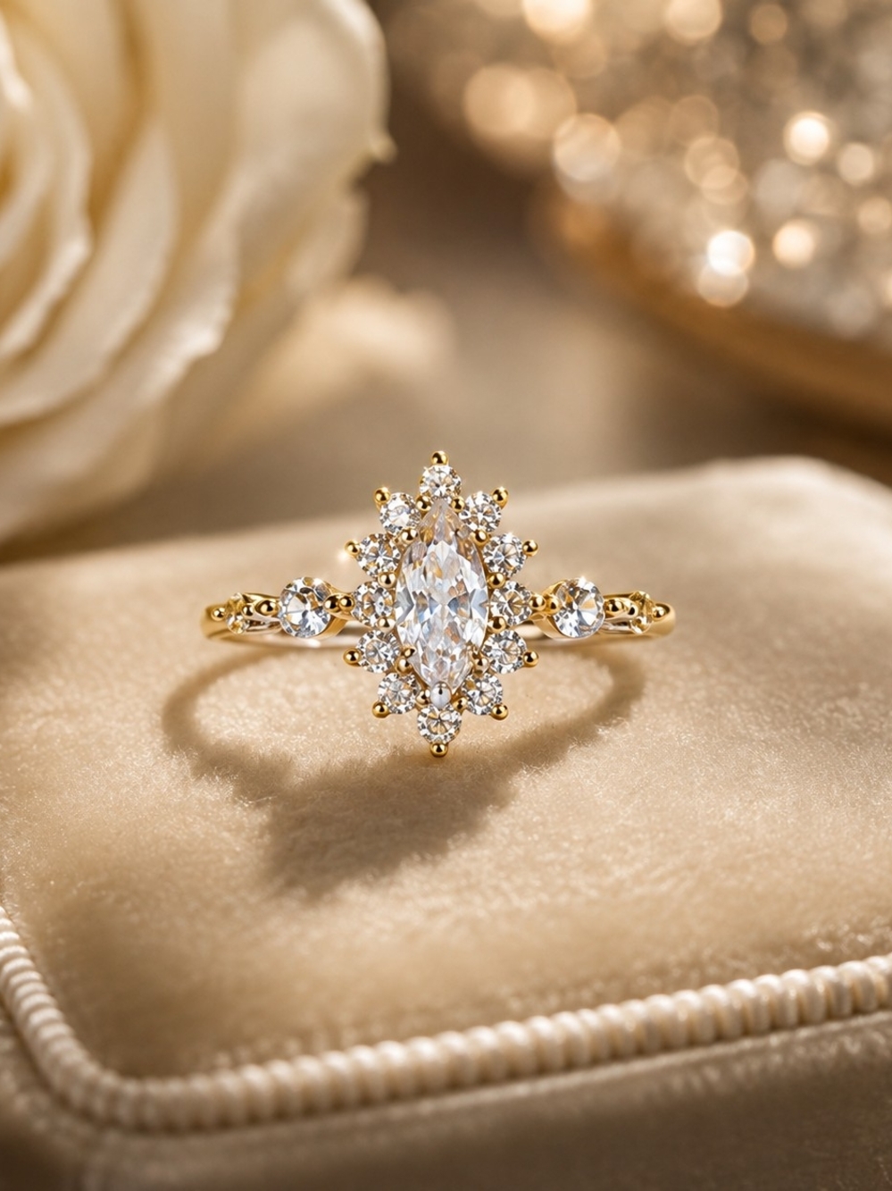 Gold Marquise Halo Moissanite Ring Size 6 & 7